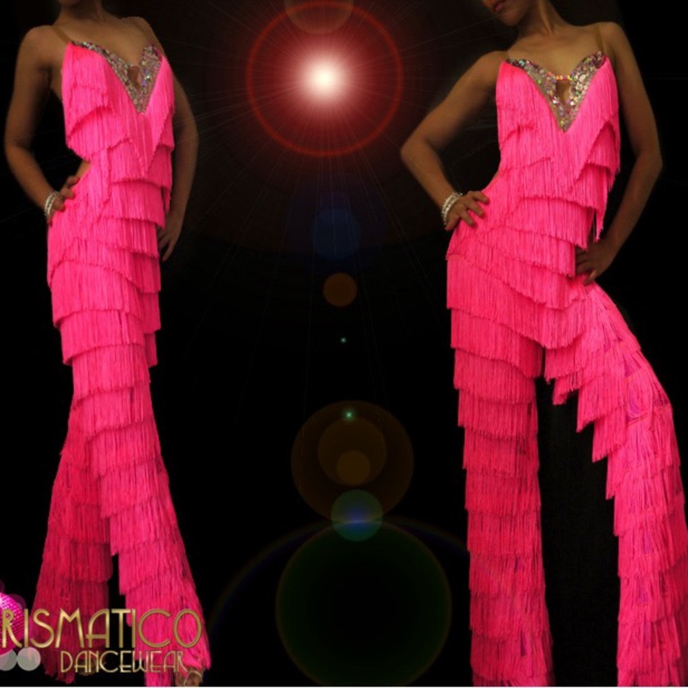CHARISMATICO Hot Pink Fringe Dance Pants/Top - Latin/Samba/Salsa - Size S/M